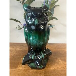 Vintage Blue Mountain Pottery Owl Green Black Drip Glaze Large Ceramic Figurine